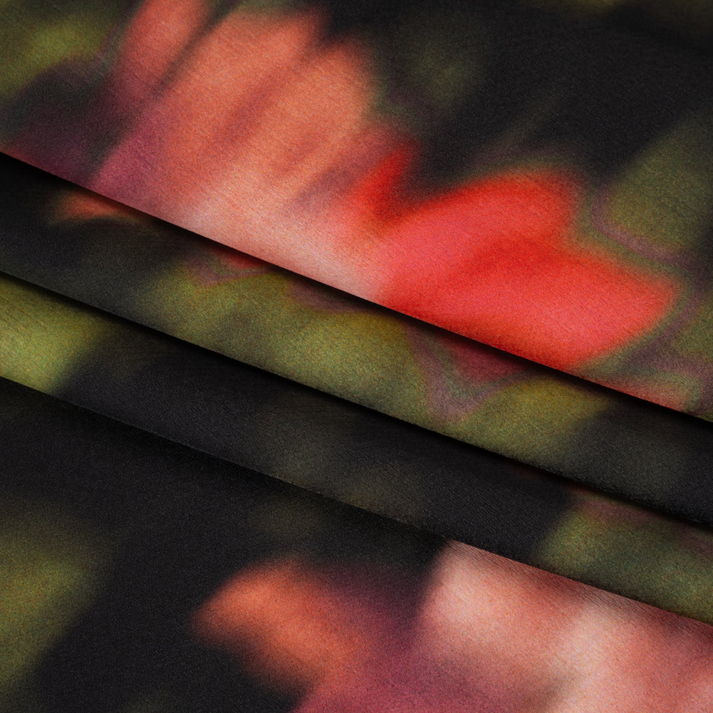 Polyester Crepe-Back Satin - Red, Pink and Green Blurred Florals - Mood Exclusive Blurring Blossoms Print - Folded