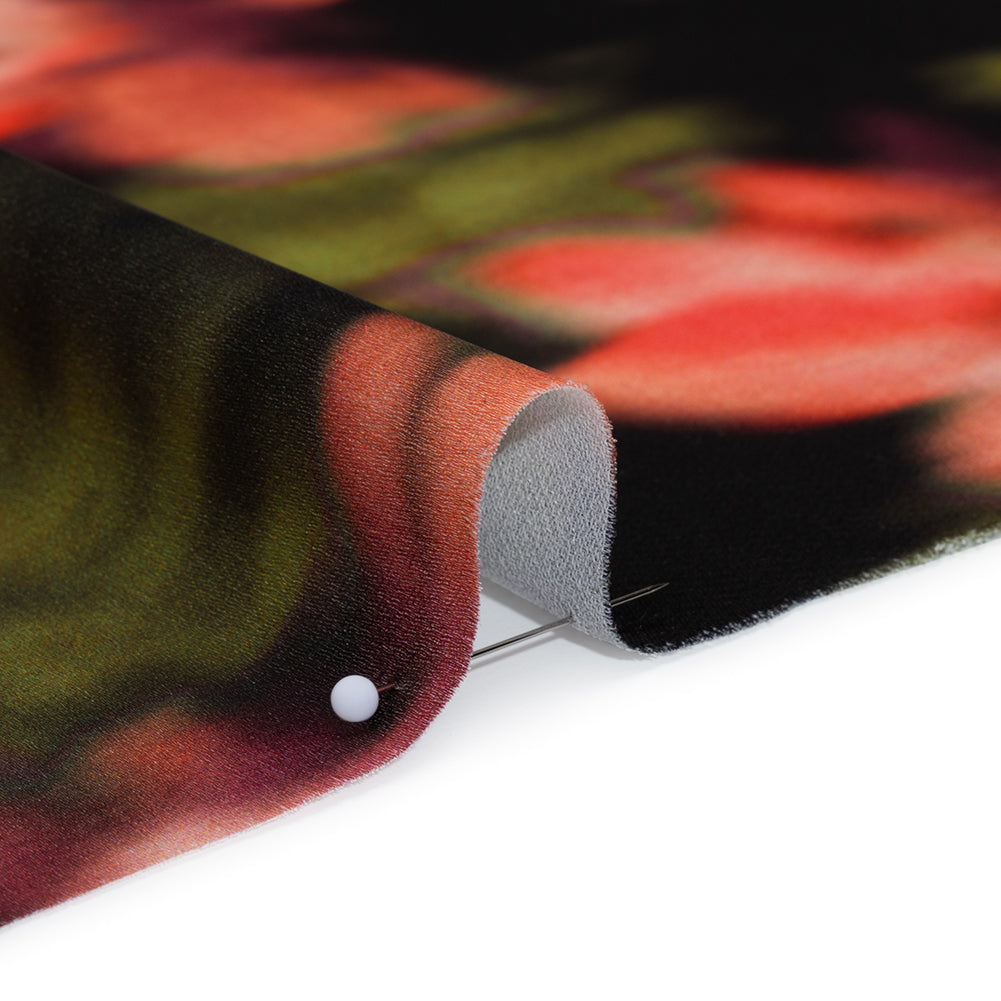 Polyester Crepe-Back Satin - Red, Pink and Green Blurred Florals - Mood Exclusive Blurring Blossoms Print - Detail