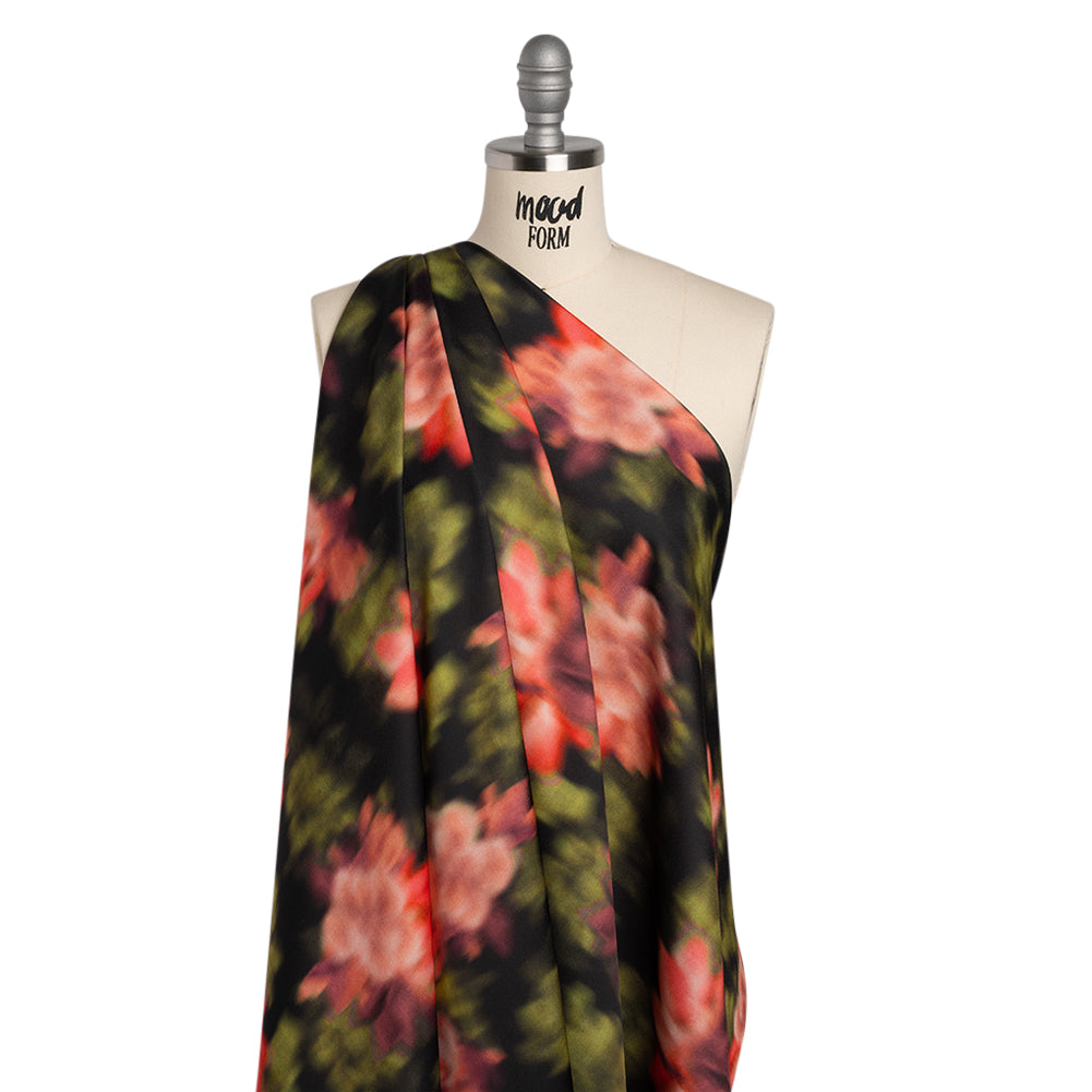 Polyester Crepe-Back Satin - Red, Pink and Green Blurred Florals - Mood Exclusive Blurring Blossoms Print - Drape