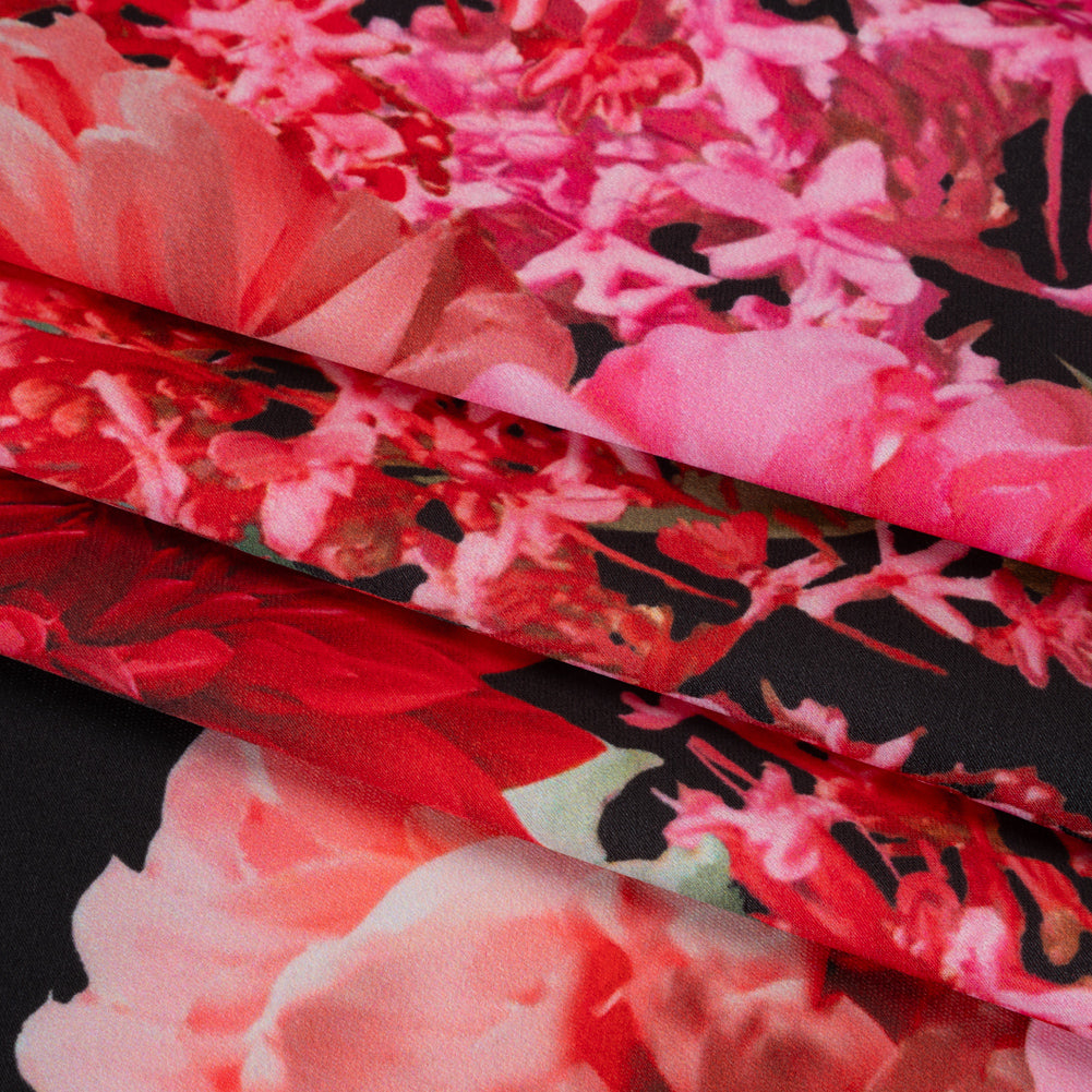 Polyester Crepe-Back Satin - Pink, Red and Black Floral - Mood Exclusive Chrysanthemum Clarity Print - Folded