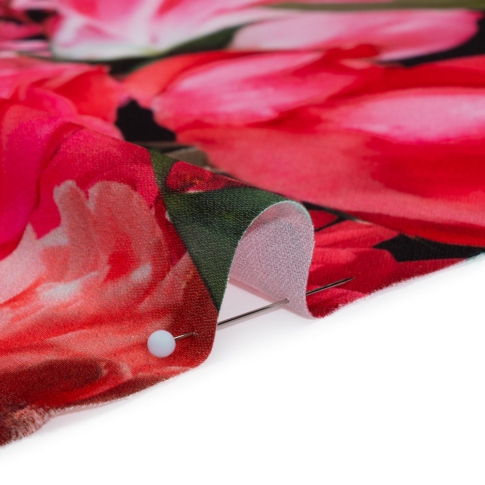 Polyester Crepe-Back Satin - Pink, Red and Black Floral - Mood Exclusive Chrysanthemum Clarity Print - Detail