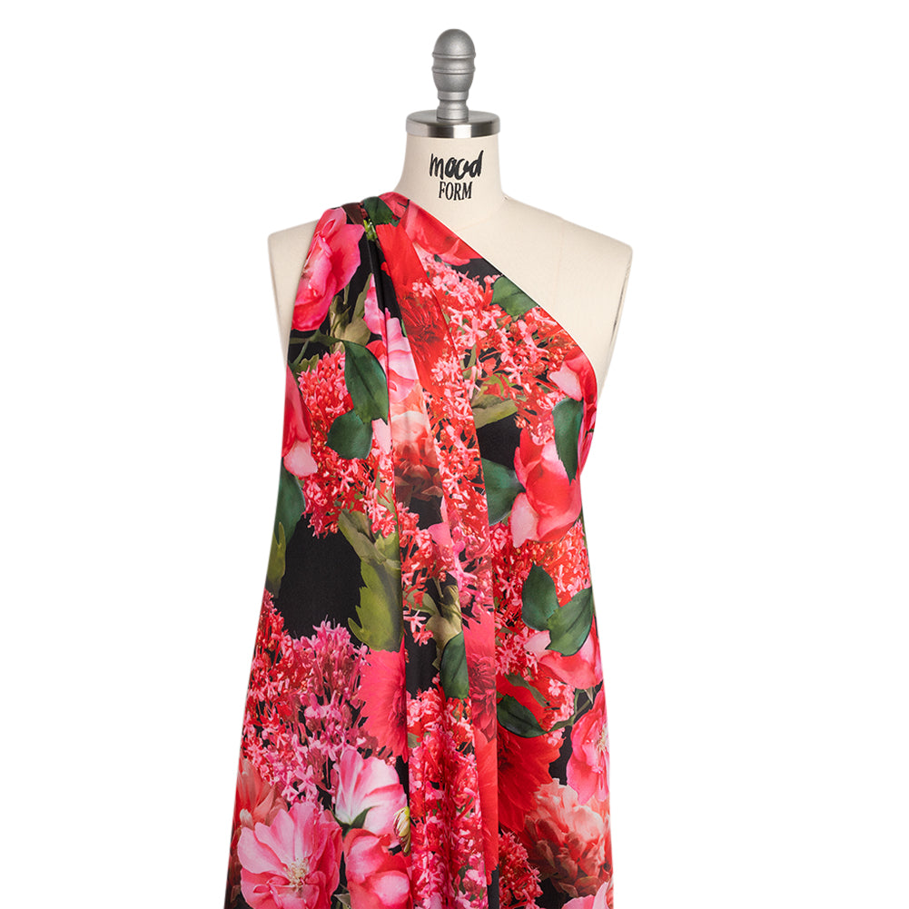 Polyester Crepe-Back Satin - Pink, Red and Black Floral - Mood Exclusive Chrysanthemum Clarity Print - Drape