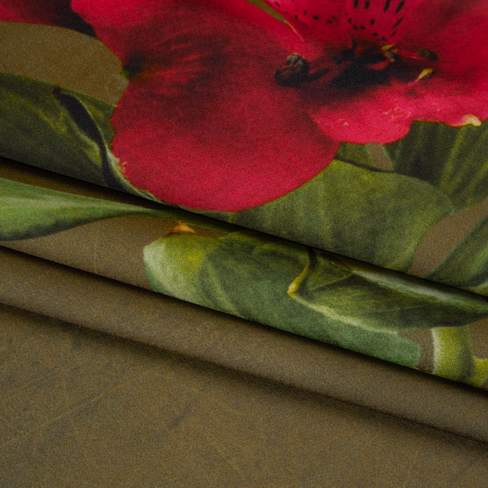 Polyester Crepe-Back Satin - Olive Green, Purple and Red Floral - Mood Exclusive Up Close and Blooming Print - Folded