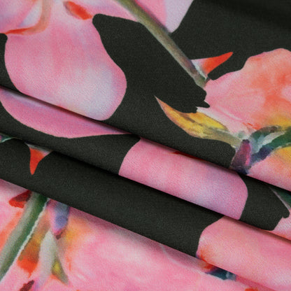 Polyester Crepe-Back Satin - Bright Pink and Black Floral - Mood Exclusive Sakura Whispers Print