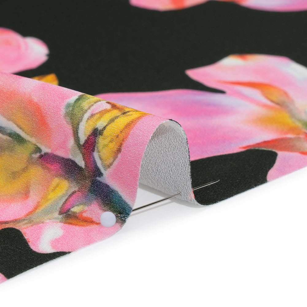 Polyester Crepe-Back Satin - Bright Pink and Black Floral - Mood Exclusive Sakura Whispers Print