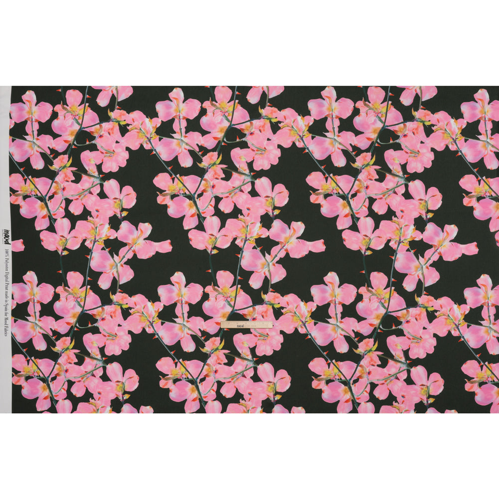 Polyester Crepe-Back Satin - Bright Pink and Black Floral - Mood Exclusive Sakura Whispers Print