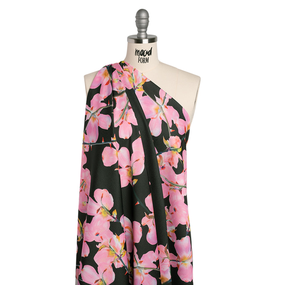 Polyester Crepe-Back Satin - Bright Pink and Black Floral - Mood Exclusive Sakura Whispers Print