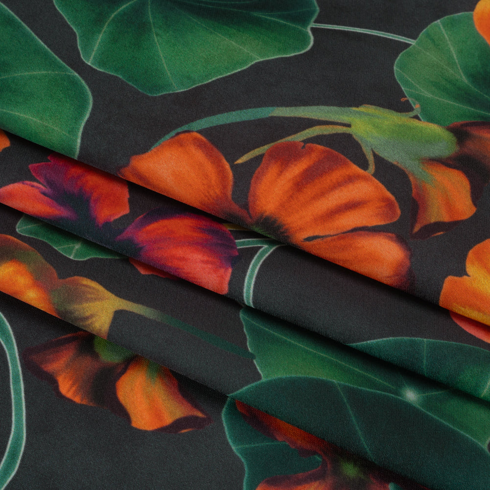 Polyester Crepe-Back Satin - Dark Green and Orange Flowers and Lily Pads - Mood Exclusive Climbing Crocus Print