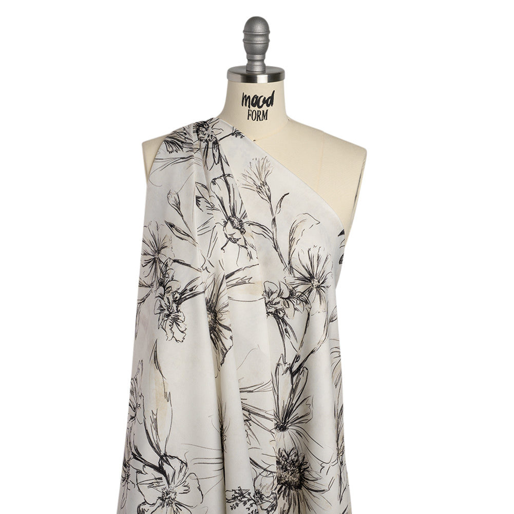 Polyester Crepe-Back Satin - Black and Cream Florals - Mood Exclusive Illustrated Herbarium Print