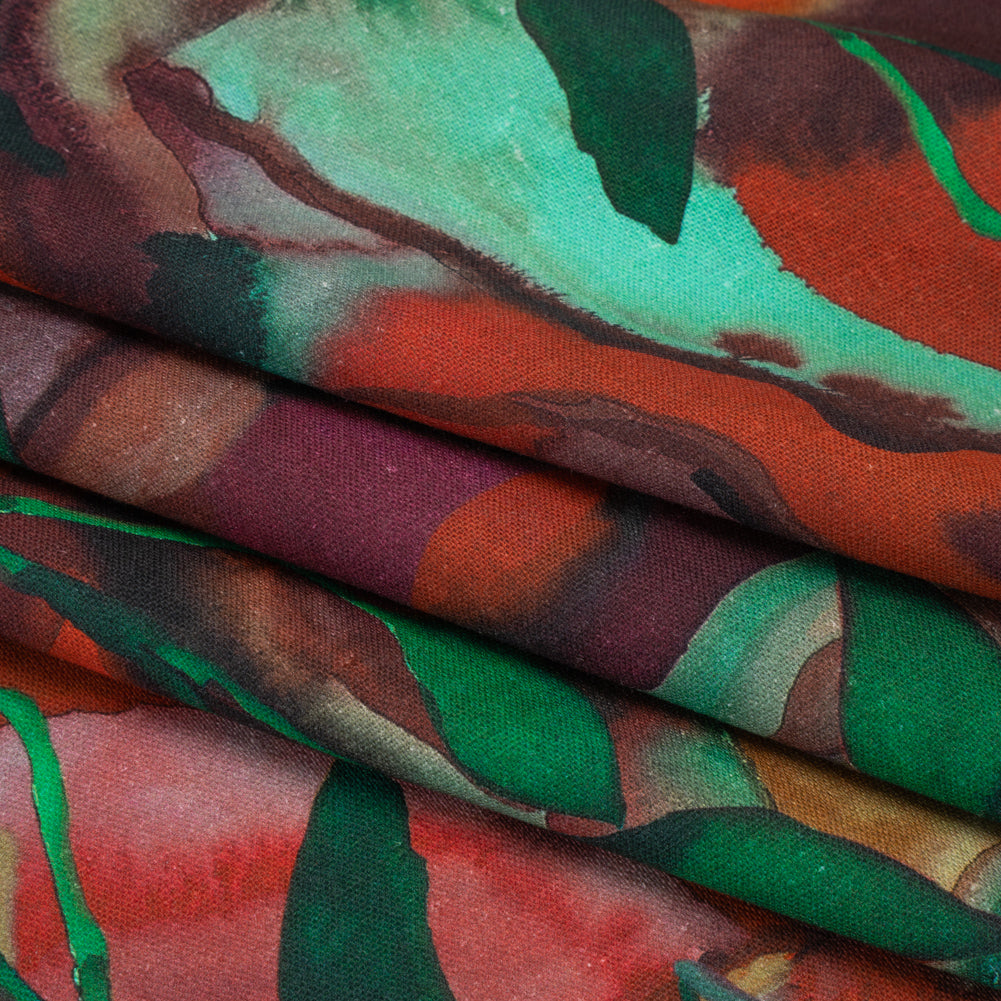 Linen and Rayon Woven - Wine Red and Green Painted Flowers and Leaves - Mood Exclusive Watercolor Wetland Print - Folded