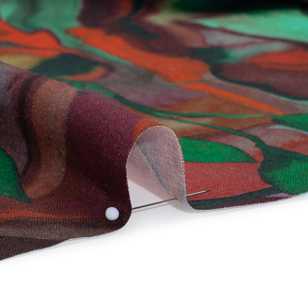 Linen and Rayon Woven - Wine Red and Green Painted Flowers and Leaves - Mood Exclusive Watercolor Wetland Print - Detail
