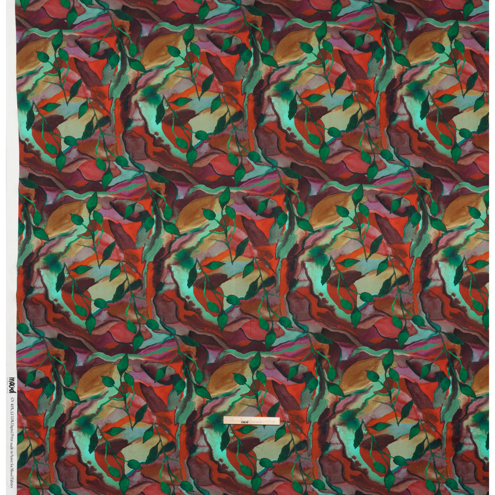 Linen and Rayon Woven - Wine Red and Green Painted Flowers and Leaves - Mood Exclusive Watercolor Wetland Print - Full