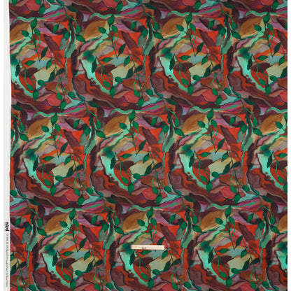 Linen and Rayon Woven - Wine Red and Green Painted Flowers and Leaves - Mood Exclusive Watercolor Wetland Print