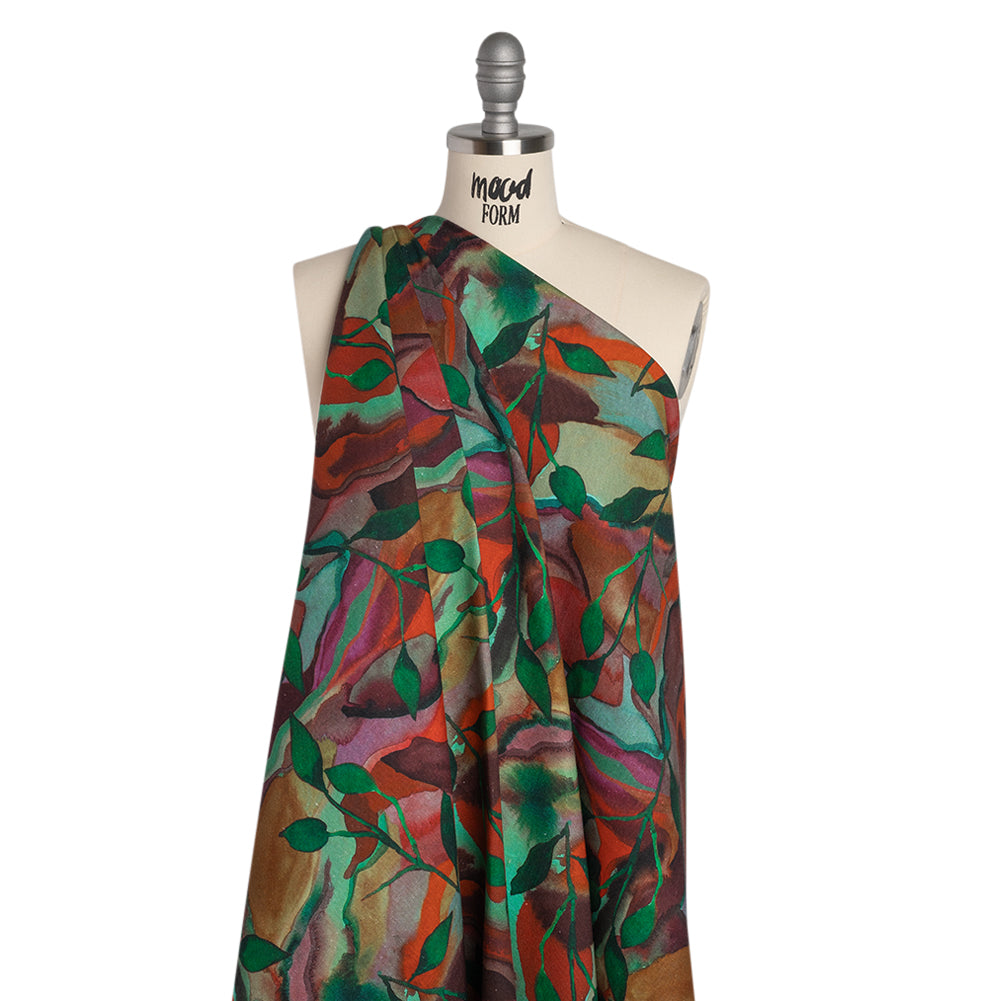 Linen and Rayon Woven - Wine Red and Green Painted Flowers and Leaves - Mood Exclusive Watercolor Wetland Print - Drape