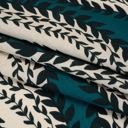 Linen and Rayon Woven - Teal, Navy and Cream Leafy Ogees - Mood Exclusive Lazy River Print