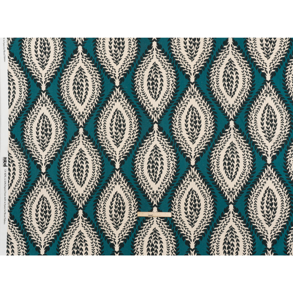 Linen and Rayon Woven - Teal, Navy and Cream Leafy Ogees - Mood Exclusive Lazy River Print