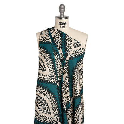Linen and Rayon Woven - Teal, Navy and Cream Leafy Ogees - Mood Exclusive Lazy River Print