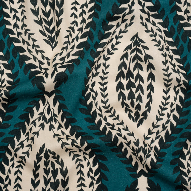 Linen and Rayon Woven - Teal, Navy and Cream Leafy Ogees - Mood Exclusive Lazy River Print