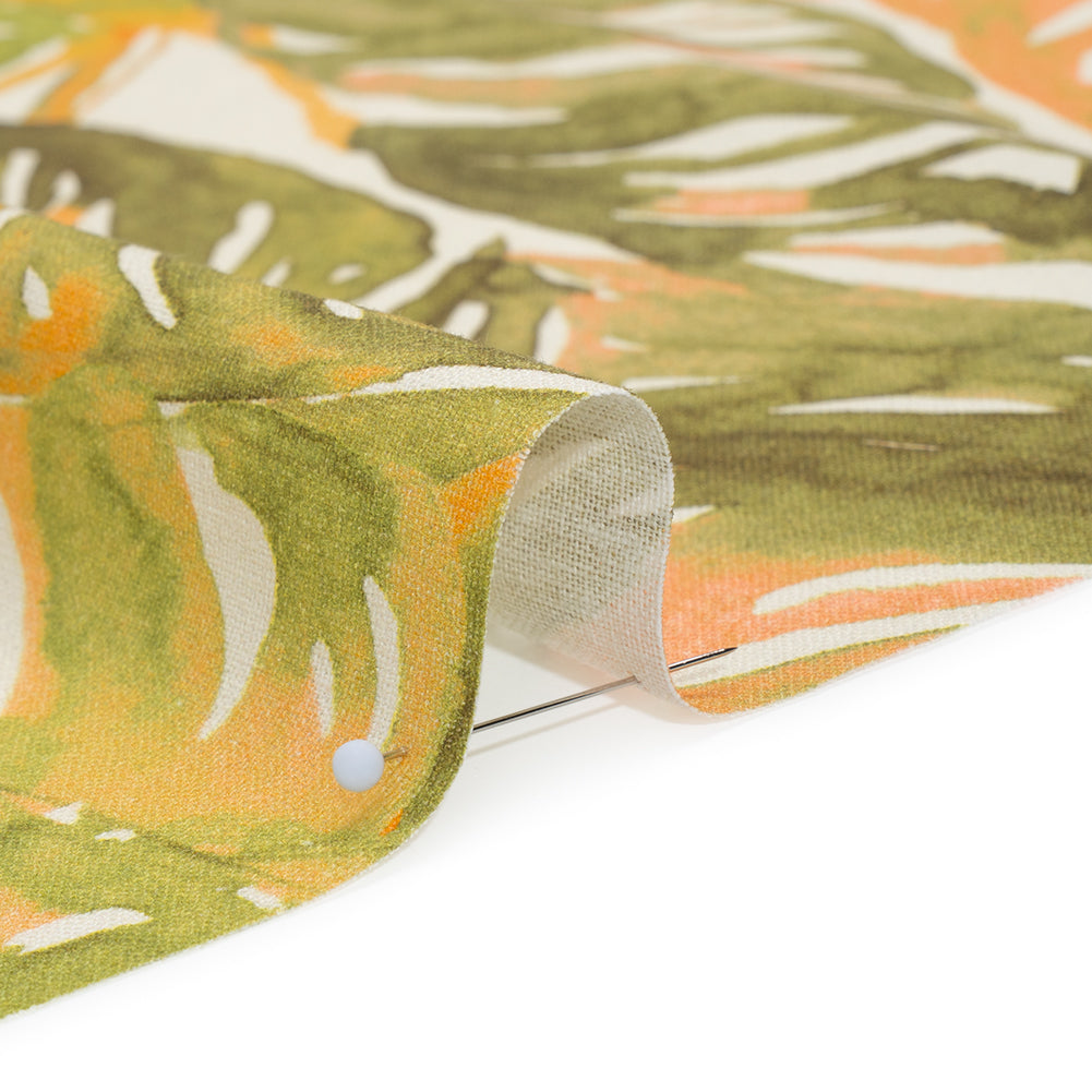 Linen and Rayon Woven - Green and Peach Tropical Leaves - Mood Exclusive Monsterosa Print - Detail