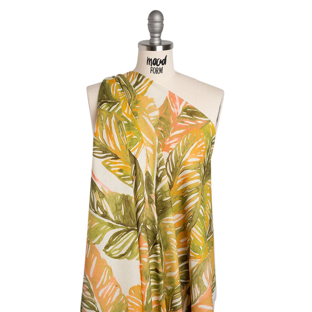 Linen and Rayon Woven - Green and Peach Tropical Leaves - Mood Exclusive Monsterosa Print - Drape