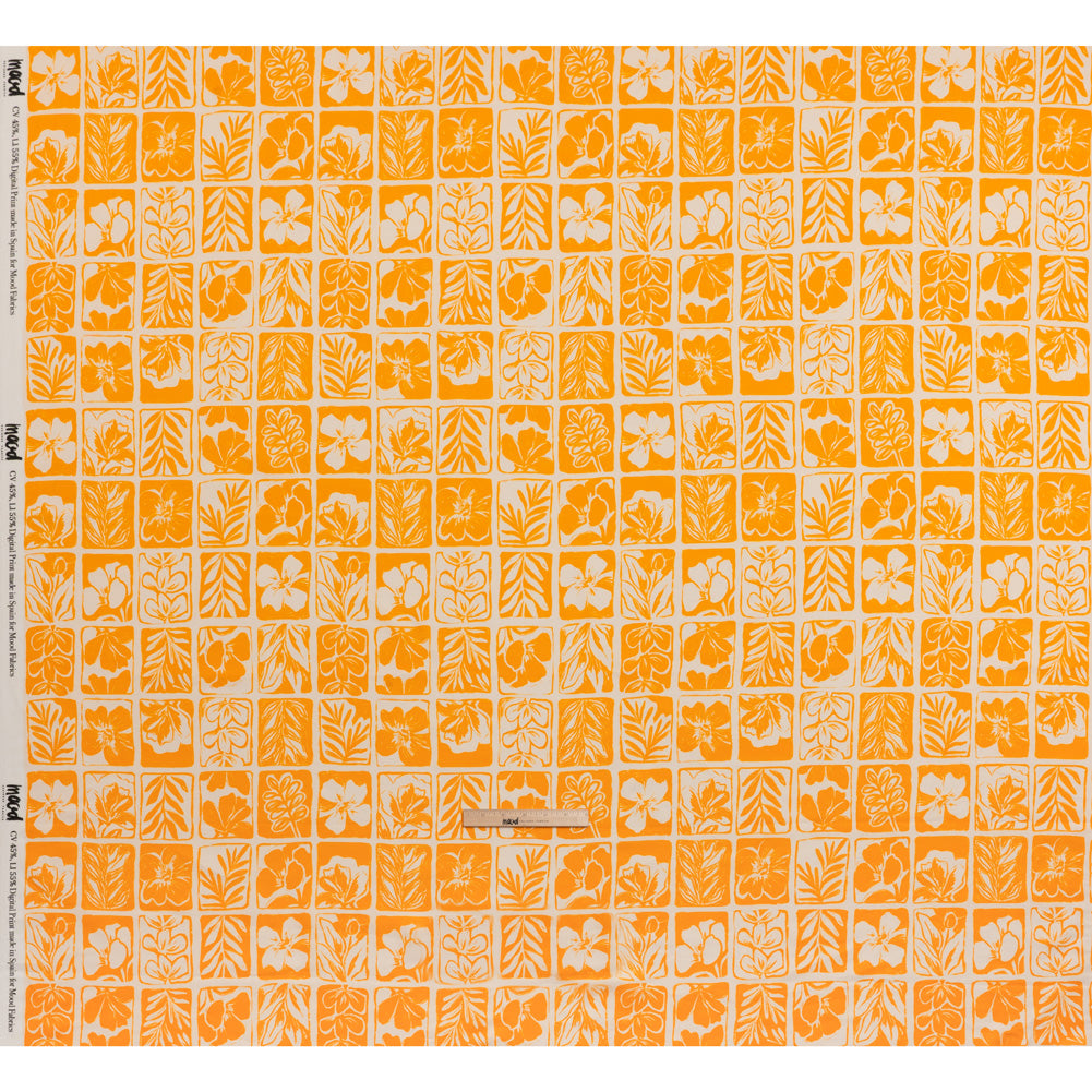 Linen and Rayon Woven - Sunshine Yellow and Cream Leaf and Flower Blocks - Mood Exclusive Terrarium Tendrils Print