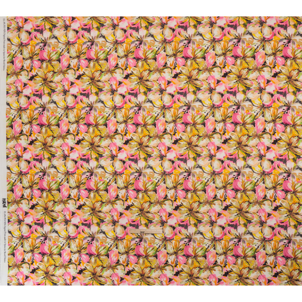 Peached Polyester Twill - Pink, Yellow and Black Watercolor Hibiscus - Mood Exclusive Hibiscus Haze Print