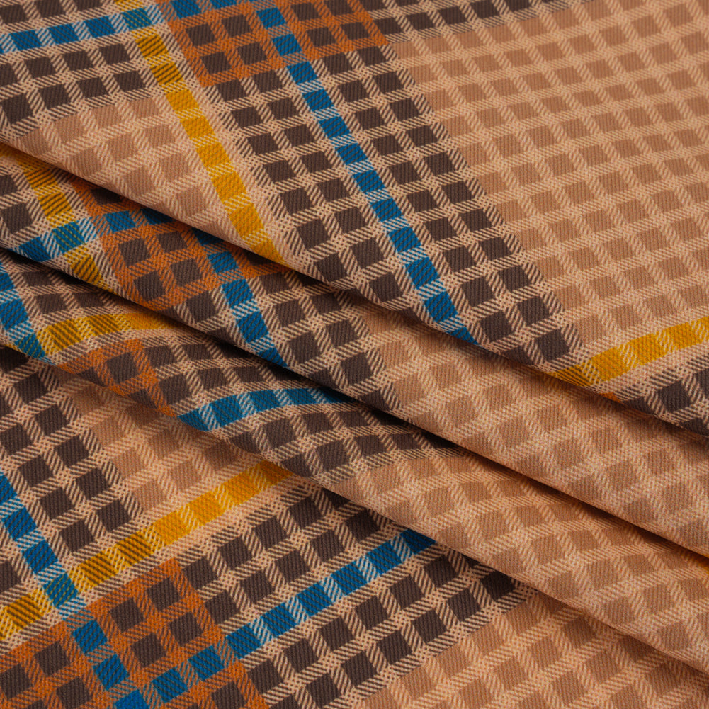 Peached Polyester Twill - Brown, Blue and Yellow Plaid - Mood Exclusive Plot Point Print
