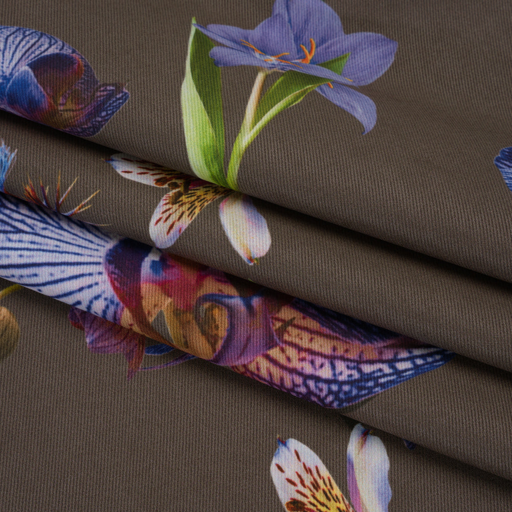 Peached Polyester Twill - Taupe, Blue and Green Orchids - Mood Exclusive Petal Reverie Print - Folded