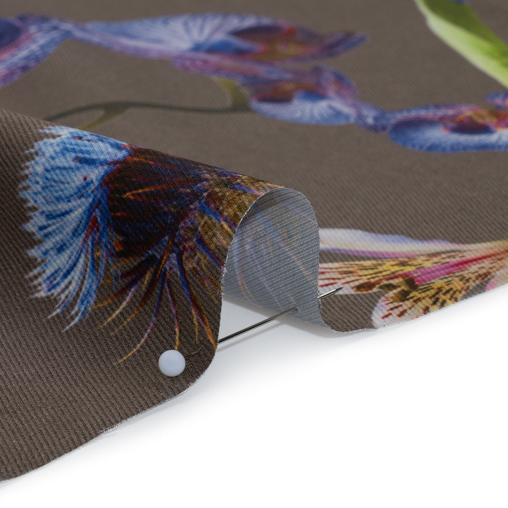 Peached Polyester Twill - Taupe, Blue and Green Orchids - Mood Exclusive Petal Reverie Print - Detail
