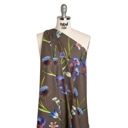 Peached Polyester Twill - Taupe, Blue and Green Orchids - Mood Exclusive Petal Reverie Print