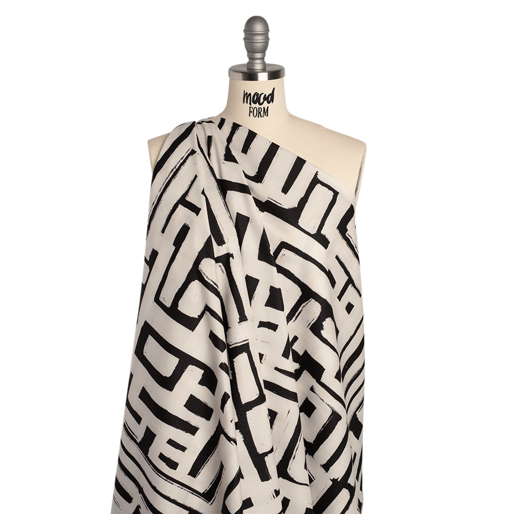 Peached Polyester Twill - Black and White Geometric Painting - Mood Exclusive Mobius Maze Print - Drape