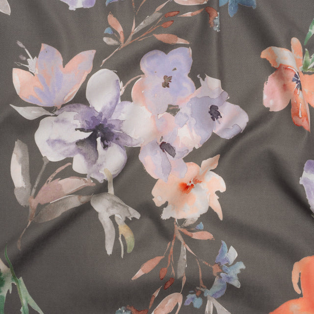 Peached Polyester Twill - Gray, Peach and Lilac Watercolor Flowers - Mood Exclusive Meadow Musings Print