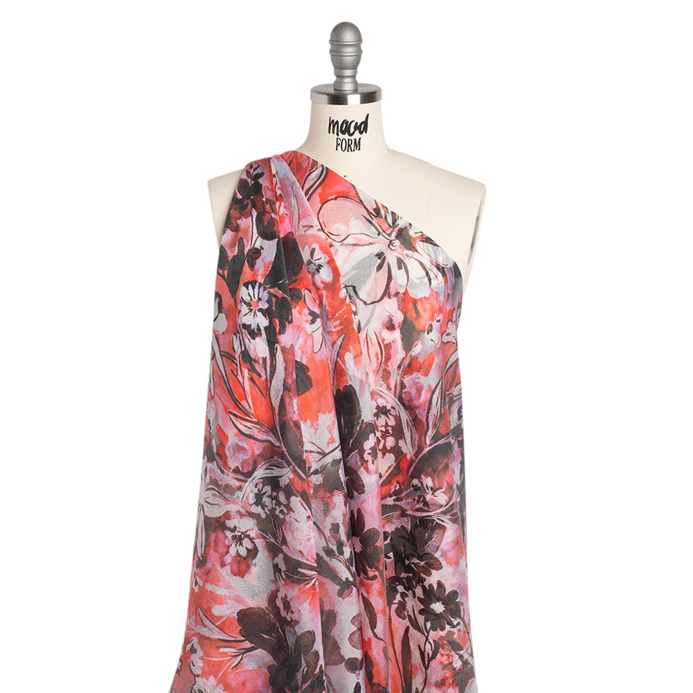 Viscose and Polyester Crepe Organza - Scarlet Red and Black Dreamy Florals - Mood Exclusive Dream Weaver Print - Drape