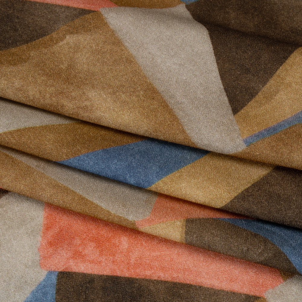 Viscose Crepe - Tan, Rose Coral and Muted Blue Abstract Shapes - Mood Exclusive Drifting Intentions Print - Folded