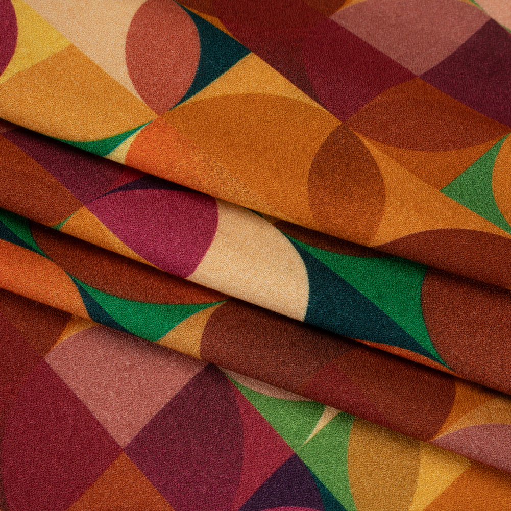 Viscose Crepe - Golden Yellow, Burnt Orange and Green Circles and Squares - Mood Exclusive Optical Illusions Print - Folded