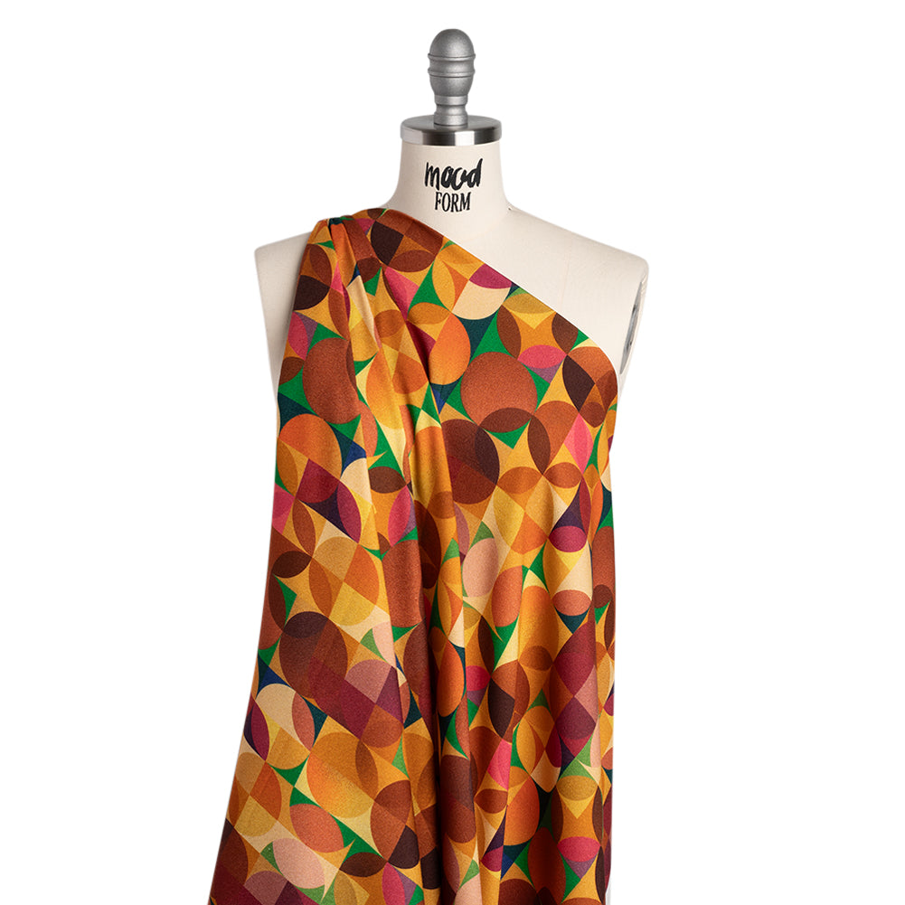Viscose Crepe - Golden Yellow, Burnt Orange and Green Circles and Squares - Mood Exclusive Optical Illusions Print - Drape