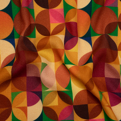 Viscose Crepe - Golden Yellow, Burnt Orange and Green Circles and Squares - Mood Exclusive Optical Illusions Print
