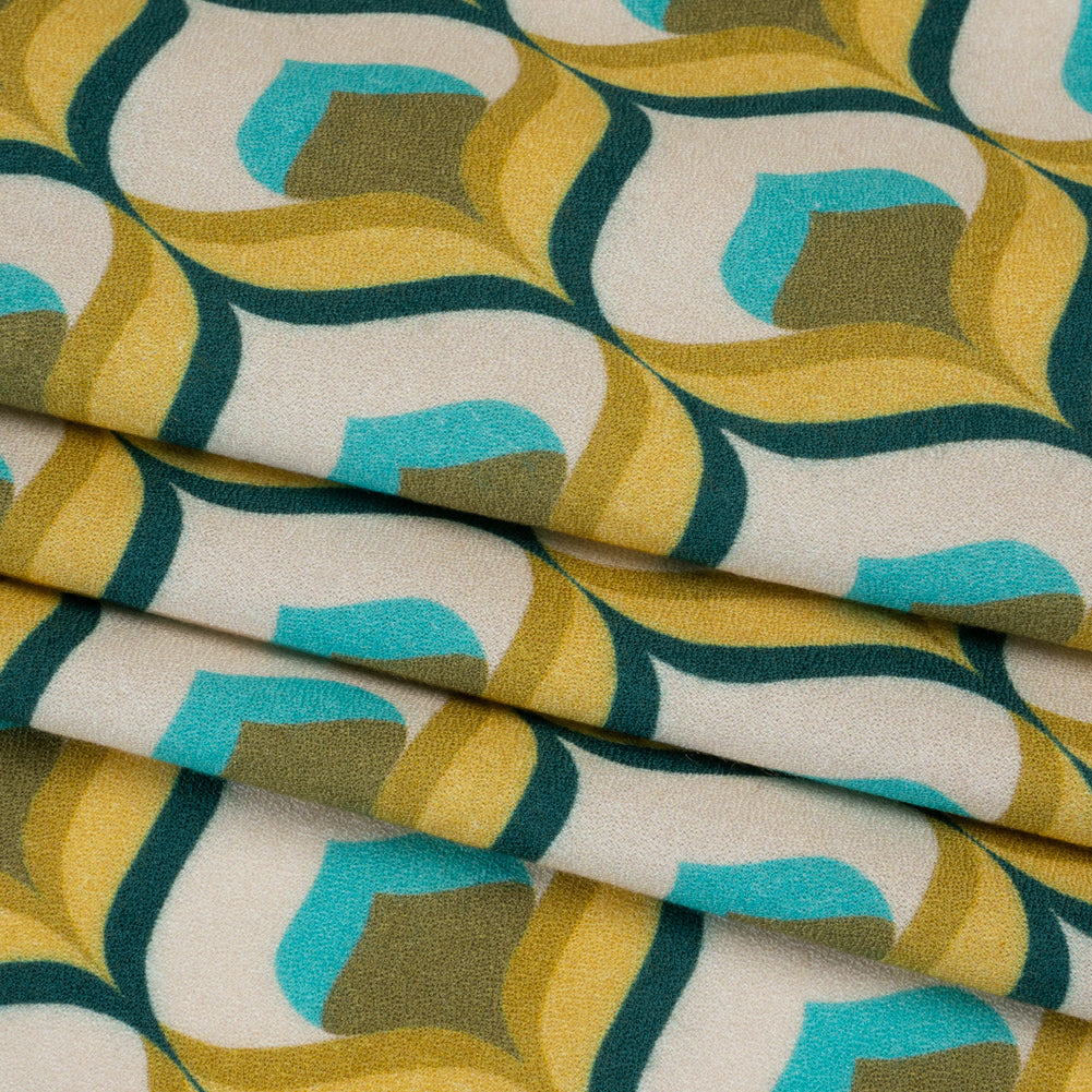 Viscose Crepe - Yellow, Turquoise and Cream Retro Ogees - Mood Exclusive Botanical Breeze Print - Folded
