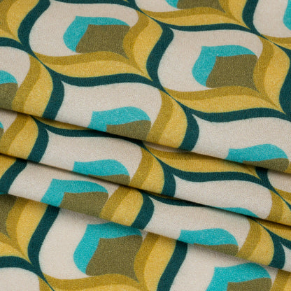 Viscose Crepe - Yellow, Turquoise and Cream Retro Ogees - Mood Exclusive Botanical Breeze Print
