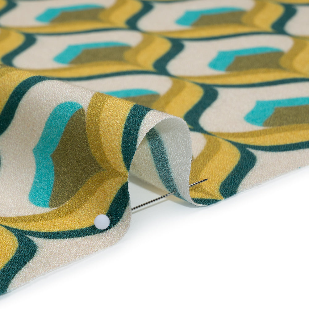 Viscose Crepe - Yellow, Turquoise and Cream Retro Ogees - Mood Exclusive Botanical Breeze Print - Detail