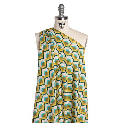 Viscose Crepe - Yellow, Turquoise and Cream Retro Ogees - Mood Exclusive Botanical Breeze Print