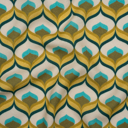 Viscose Crepe - Yellow, Turquoise and Cream Retro Ogees - Mood Exclusive Botanical Breeze Print