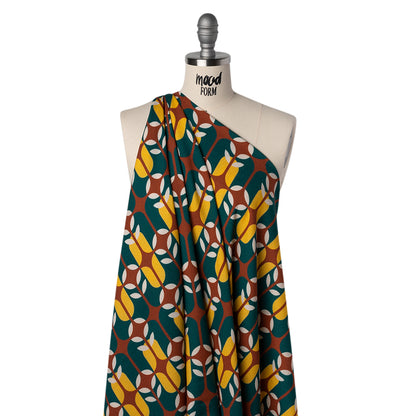 Viscose Crepe - Dark Teal, Yellow and Russet Brown Retro Geometric - Mood Exclusive Mod Logic Print Drape
