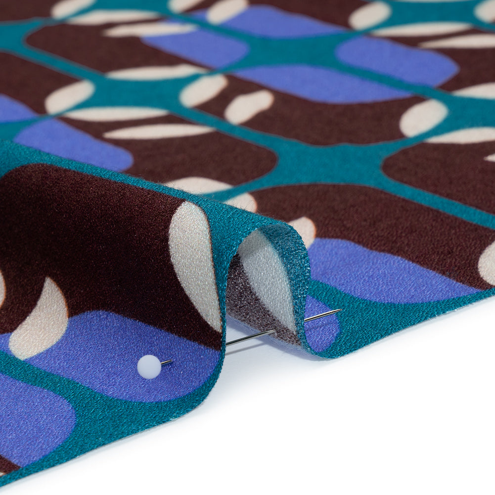 Viscose Crepe - Chocolate Brown, Blue and Teal Retro Geometric - Mood Exclusive Mod Logic Print - Detail