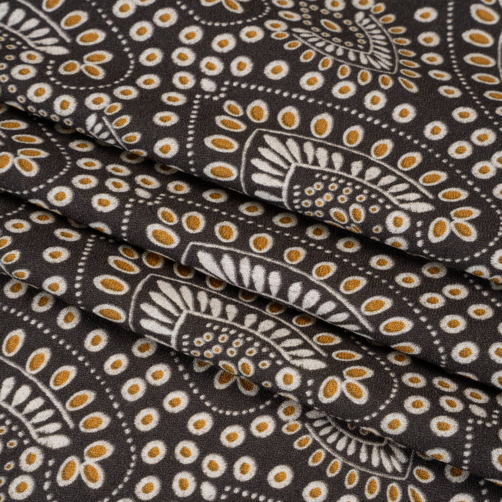 Viscose Crepe - Charcoal, Golden Yellow and White Anthemion Paisley - Mood Exclusive Gilded Garland Print - Folded