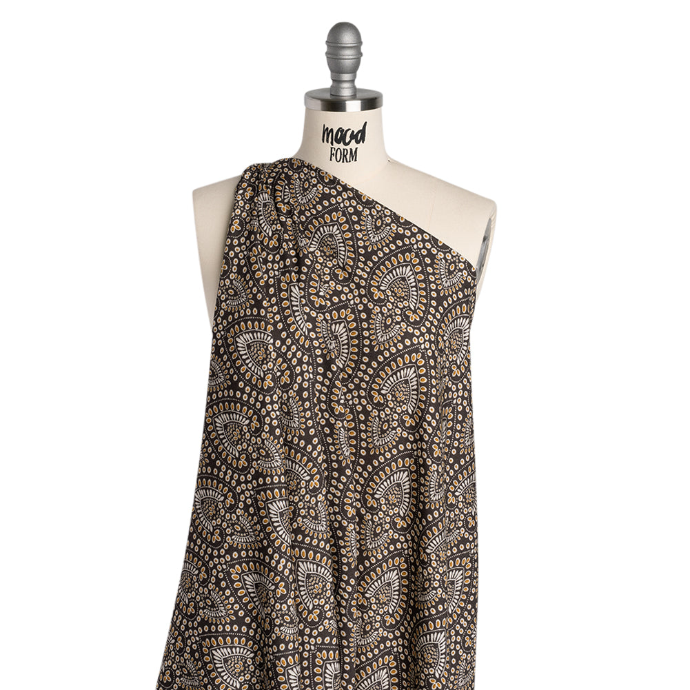 Viscose Crepe - Charcoal, Golden Yellow and White Anthemion Paisley - Mood Exclusive Gilded Garland Print - Drape