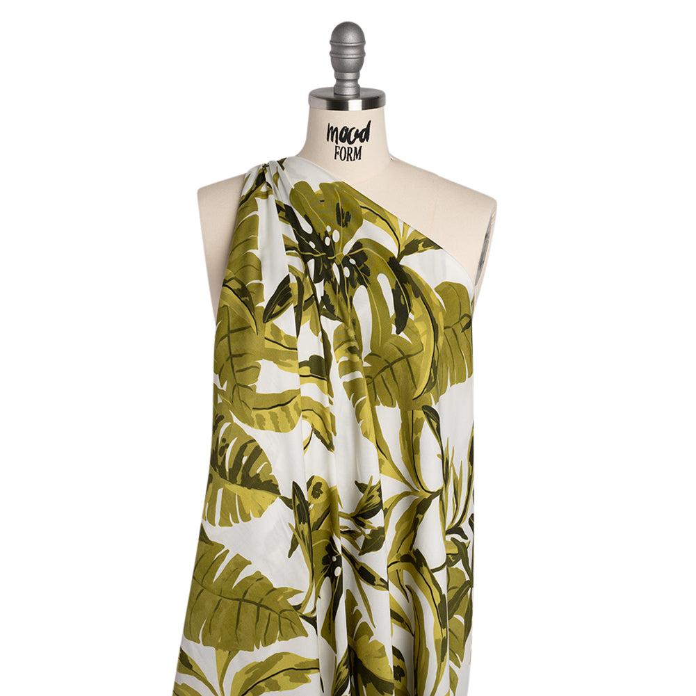 Rayon Challis - Green and White Tropical Leaves - Mood Exclusive Paradise Rhapsody Print - Drape