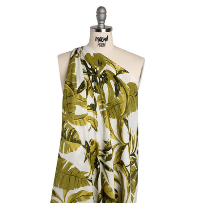 Rayon Challis - Green and White Tropical Leaves - Mood Exclusive Paradise Rhapsody Print