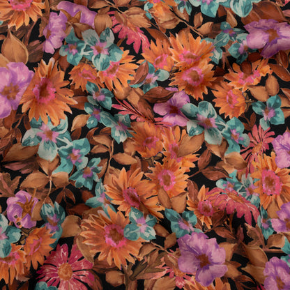 Rayon Challis - Brown, Purple and Blue Green Painted Flowers - Mood Exclusive Watercolor Wonderland Print
