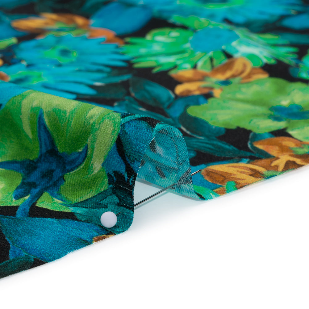 Rayon Challis - Blue, Green and Gold Painted Flowers - Mood Exclusive Watercolor Wonderland Print